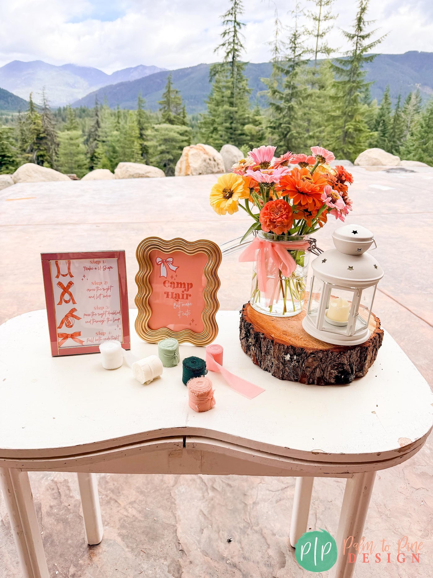 Hairbow making station at girls glamping birthday party with how to make a coquette bow printable sign, camp hair, but make it cute sign, hair ribbons and lantern