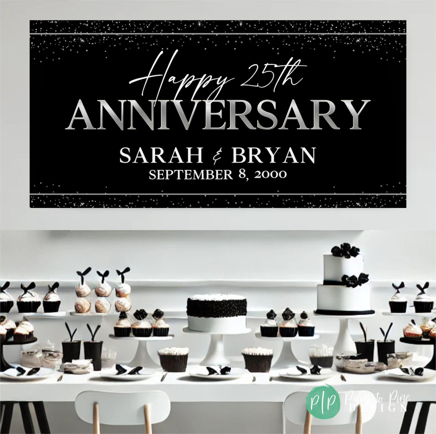 Elegant black and silver jubilee backdrop for milestone party celebration