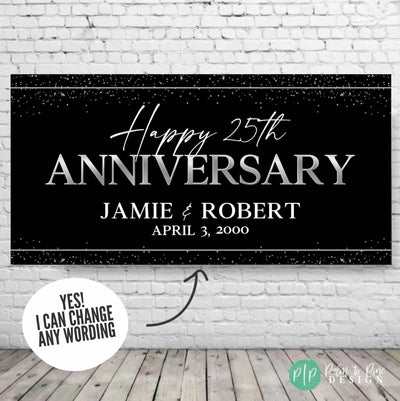 Custom 25th anniversary party décor with silver lettering and black background