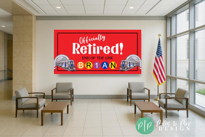 Printed vinyl retirement sign for transit employees with sleek subway trains and modern typography