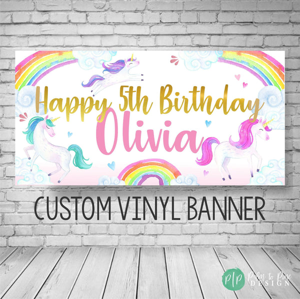 Watercolor unicorn birthday banner with pastel rainbows and magical stars, perfect for a whimsical party backdrop