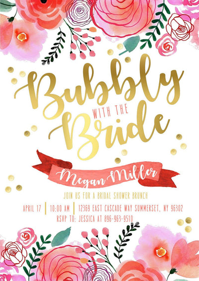 Bubbly Bridal Shower, Bubbles and Brunch Invite, Floral Bridal Shower Invitation, Watercolor, bridal shower brunch invite, Bubbly & brunch