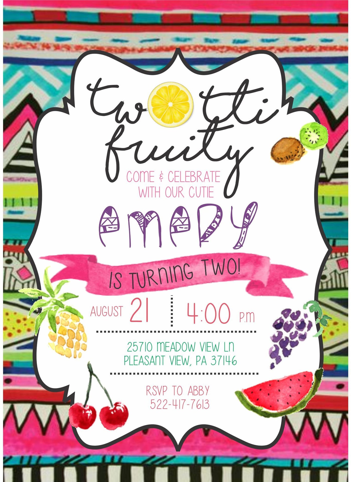Tutti Frutti Party, Two-Tti Fruity Birthday Invite, Twotti Frutti Invitation, Twotti Fruitti Birthday, Second Birthday, Summer Birthday