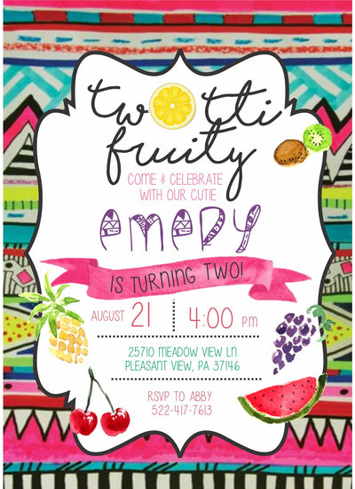 Tutti Frutti Party, Two-Tti Fruity Birthday Invite, Twotti Frutti Invitation, Twotti Fruitti Birthday, Second Birthday, Summer Birthday