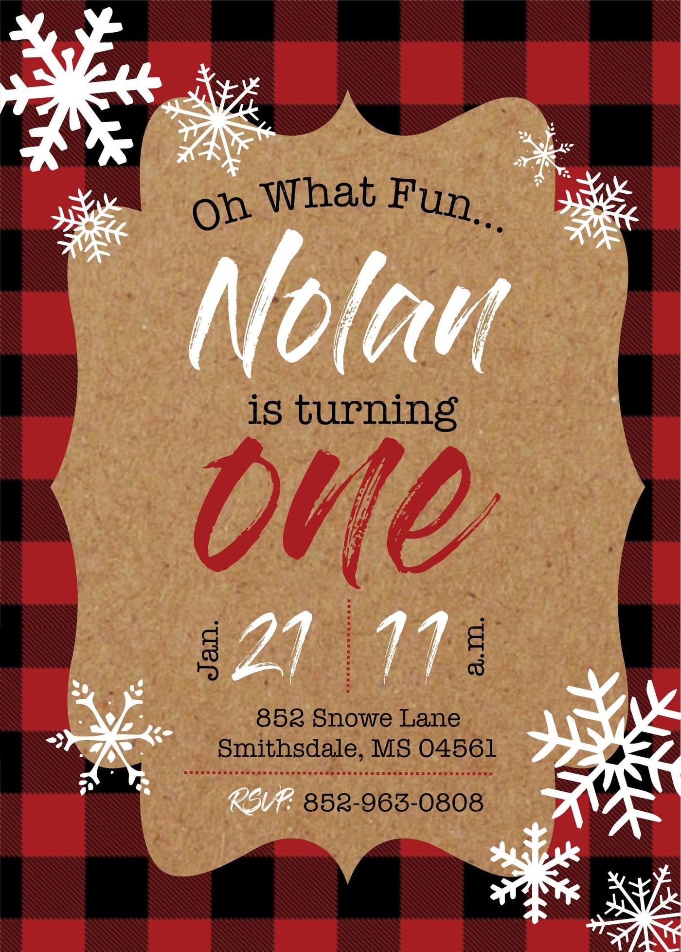 Winter ONEderland Invitation, Buffalo Plaid, Lumberjack Birthday, Winter Birthday Invite, Lumberjack Invitation, Snowflake Invitation, Plaid