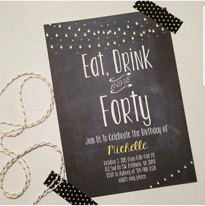 Adult Birthday Invitation, Fortieth birthday invite, Eat Drink and Be Forty, BBQ Invite, Light Strings, Chalkboard Birthday Invite, Lights