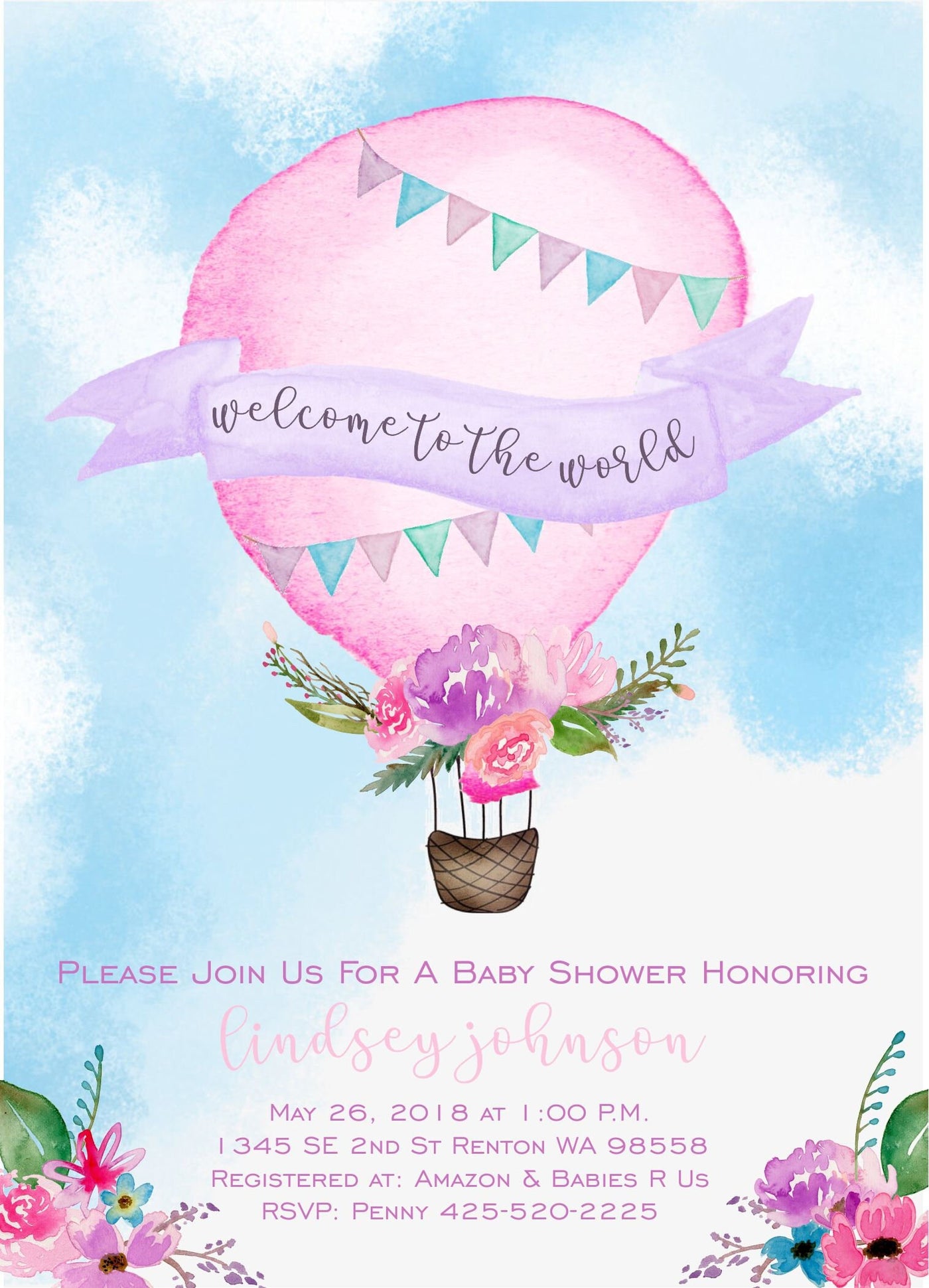Hot Air Balloon Baby Shower Invitation, Hot Air Balloon Baby Shower, Hot Air Balloon Invitation, Pink Watercolor, Up Up and Away Baby Shower