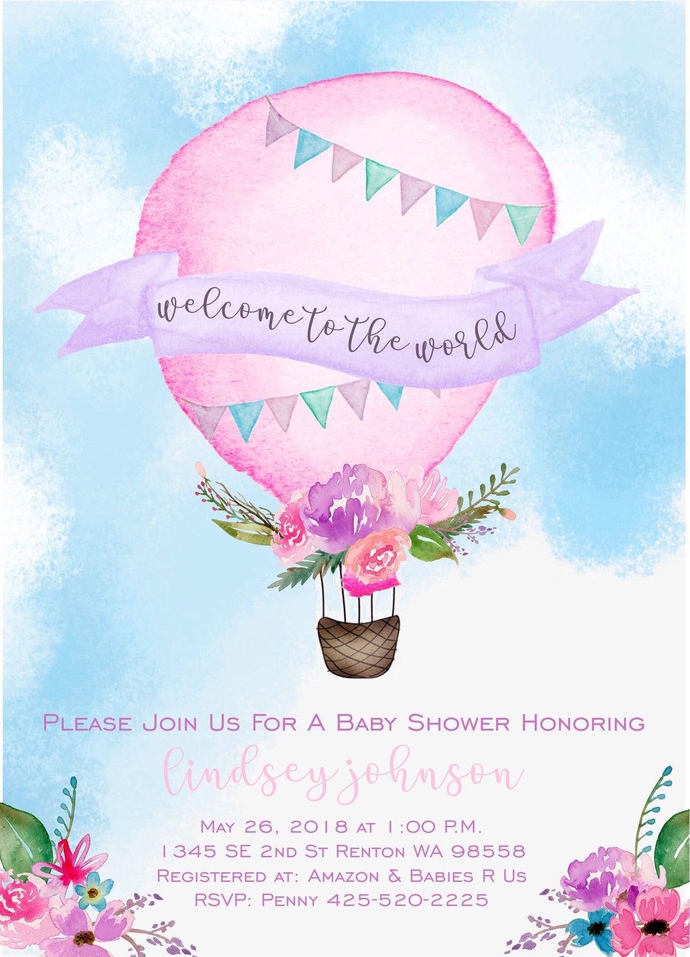 Hot Air Balloon Baby Shower Invitation, Hot Air Balloon Baby Shower, Hot Air Balloon Invitation, Pink Watercolor, Up Up and Away Baby Shower