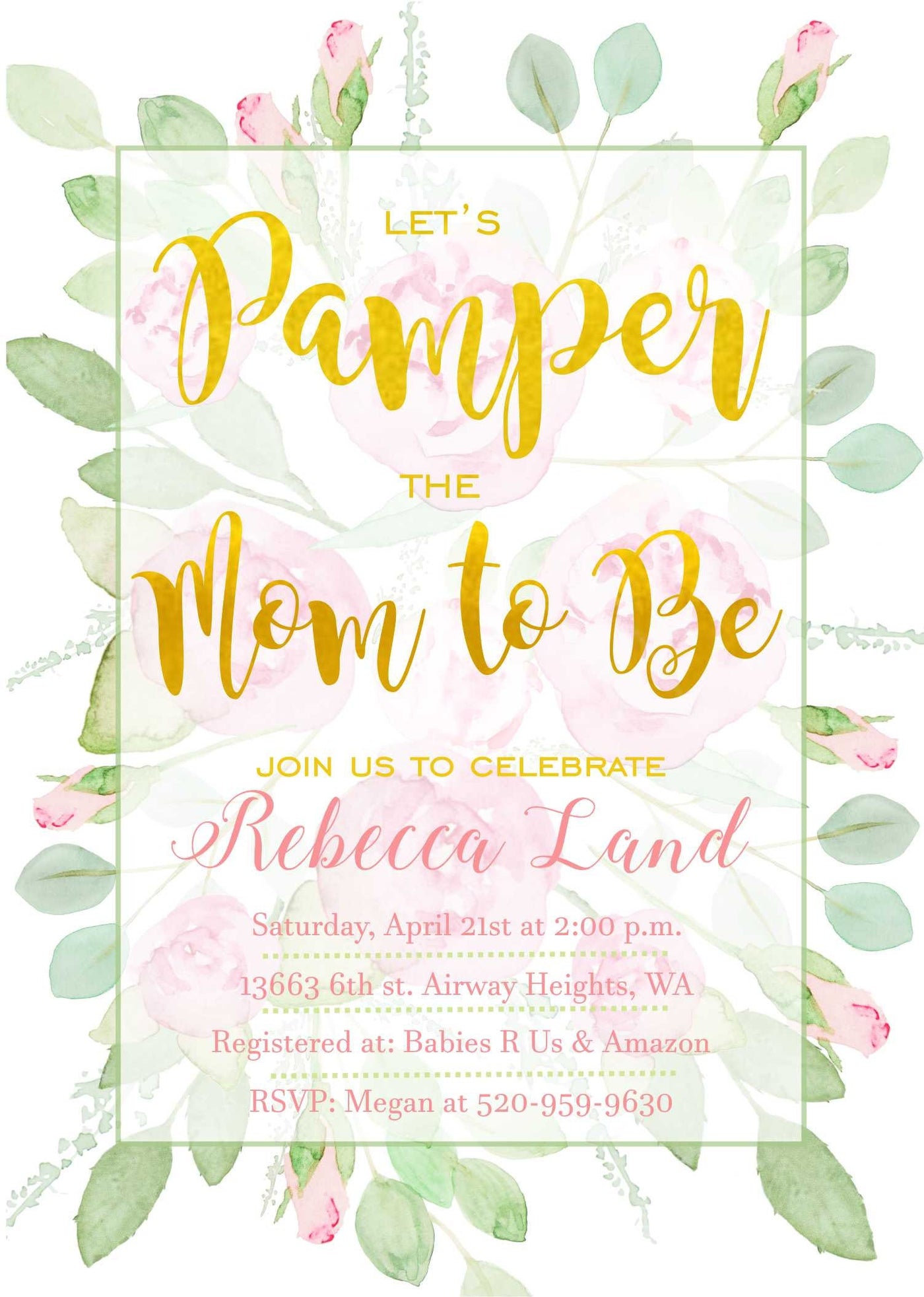 Spa Invite, Bridal Shower Invitation, Bridal Shower Invite, Floral Watercolor, Spa Day Invitation, Spa Bridal Shower Party, Spa Baby Shower