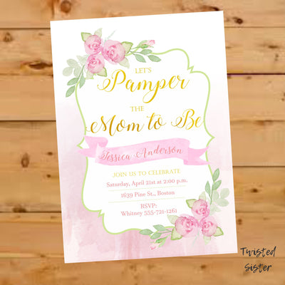 Spa Invite, Baby Shower Invitation, Girl, Bridal Shower Invite, Floral Watercolor, Spa Day Invitation, Peonies, Eucalyptus, Spa Baby Shower