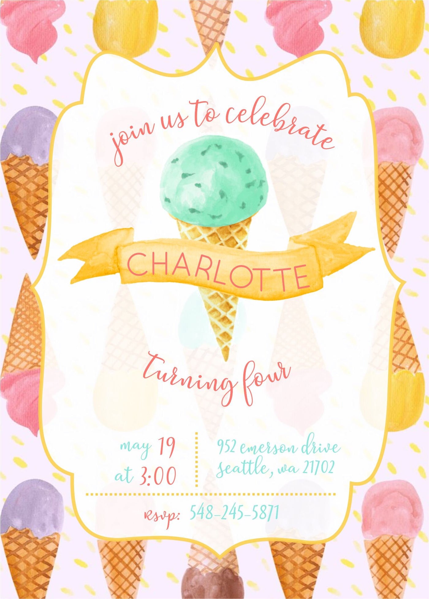 Ice Cream Invitation, Sprinkle Invitation, Ice Cream Birthday Invite, Watercolor Ice Cream Invite, First Birthday Ice Cream Invite, 1st