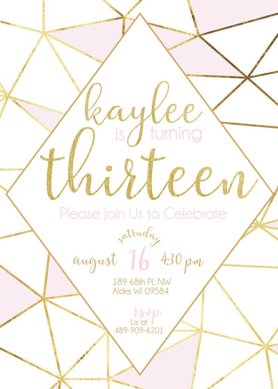 13th Birthday  Invitations, Thirteenth Birthday, 13th birthday girl, Sweet 16 invites, teen birthday invitations girl, geometric invitation