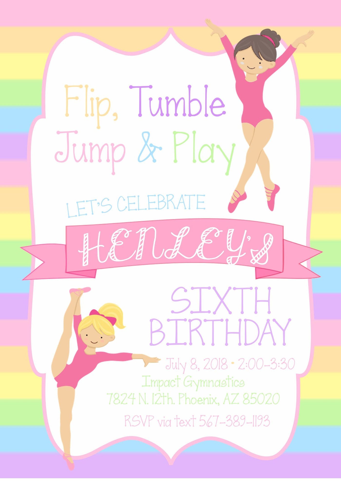 Gymnastics birthday Invite, Rainbow Gymnastics Birthday Invitation, Gymnastics Birthday Party, Cartwheels and Cupcakes, Gymnastics Invite