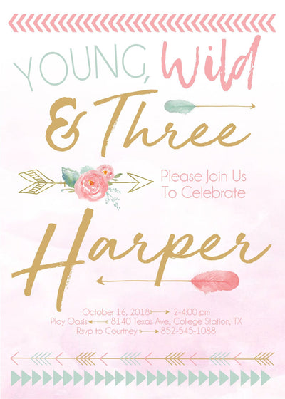 Young Wild and Three, boho birthday invite, girl birthday, Wild One, Forever wild, boho birthday party, antlers, arrows, two wild girl party