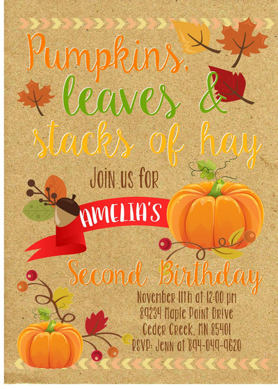 Fall Birthday Invitation,  Pumpkin Birthday Invite, Little Pumpkin Birthday Invite, Pumpkin Patch Party, Fall Harvest Party Invitation, Boy