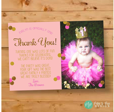 First Birthday Thank You Card, Pink & Gold Glitter Thank You Card, Birthday Thank You, 1st Birthday Thank You Card, Gold Glitter Thank You