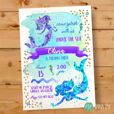 Mermaid Birthday Invite, Under the Sea Invite, Mermaid Invite, Mermaid Invitation, Watercolor Mermaid Invite, Mermaid Birthday, Gold Glitter