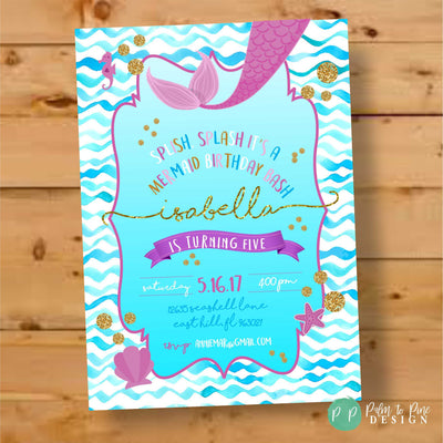 Mermaid Birthday Invite, Under the Sea Invite, Mermaid Invite, Mermaid Invitation, Watercolor Mermaid, Mermaid Birthday, Aqua ,Gold Glitter