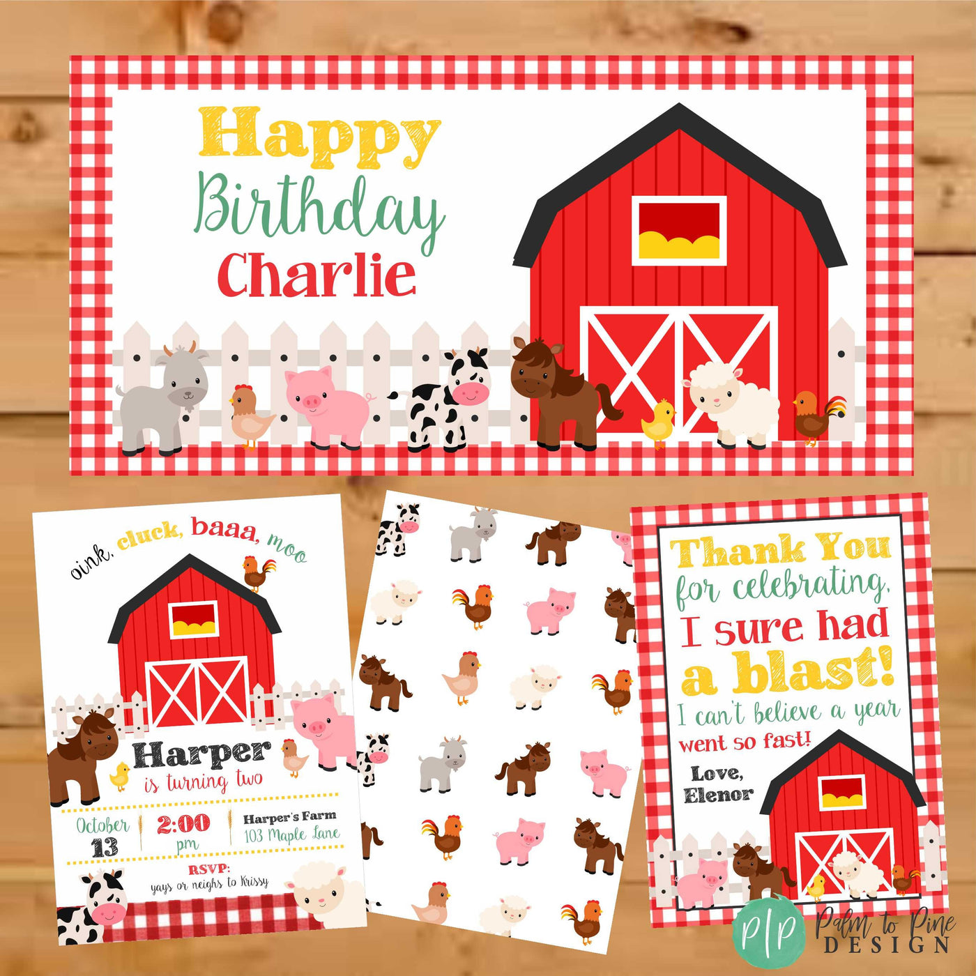 Farm birthday thank you card, Barnyard birthday thank you card, Farm Animal Birthday Party, Farm Party Boy, Farm Invite Girl, thank you card
