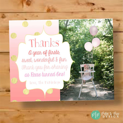 Pink Ombre Thank You Card, First Birthday Thank You Card, Photo Thank You Card, Pink and Gold Thank You Card, First Birthday Thank You Girl