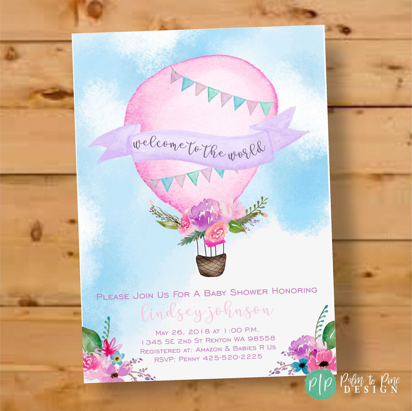 Hot Air Balloon Baby Shower Invitation, Hot Air Balloon Baby Shower, Hot Air Balloon Invitation, Pink Watercolor, Up Up and Away Baby Shower