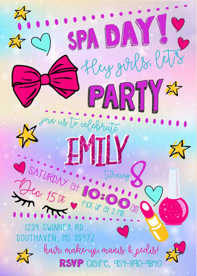 Girls Birthday Party Invitations, Sleepover birthday invite, spa birthday party girls, Spa Party for Girls, Pamper Party Invite, makeup bows