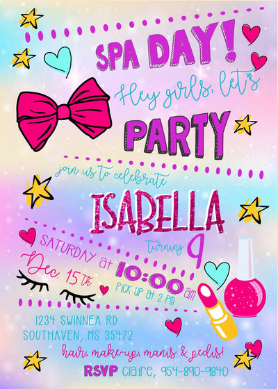 Girls Birthday Party Invitations, Sleepover birthday invite, spa birthday party girls, Spa Party for Girls, Pamper Party Invite, makeup bows