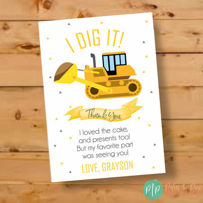 Construction Thank You Card, Construction Birthday Thank You, Construction Birthday Party, Excavator Thank You,  Construction Thank You Card