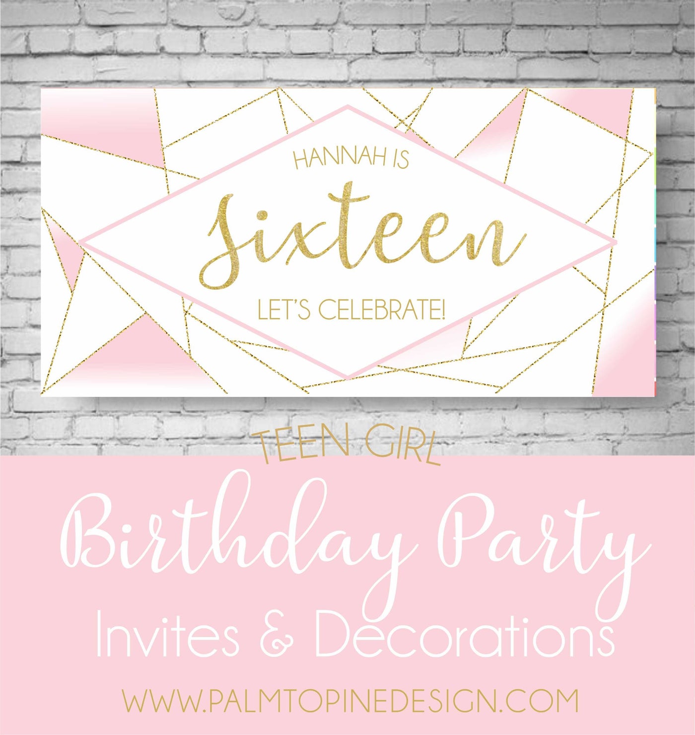 13th Birthday Banner, Sweet 16 Party Decor, 13th Birthday Party, Pink and Gold Birthday Banner,Pink and Gold Birthday Decor, Geometric, Teen