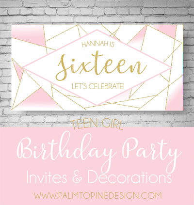 13th Birthday Banner, Sweet 16 Party Decor, 13th Birthday Party, Pink and Gold Birthday Banner,Pink and Gold Birthday Decor, Geometric, Teen