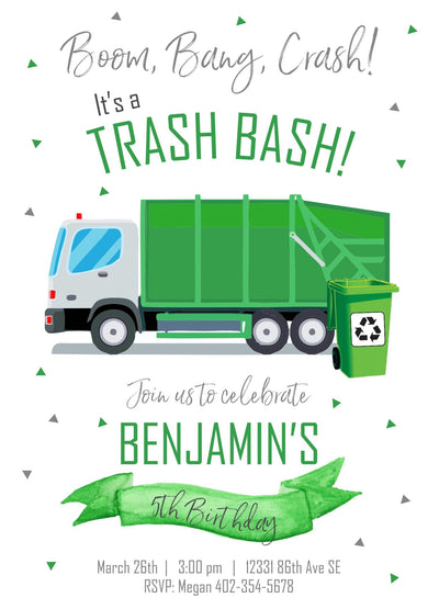 Garbage Truck Birthday Invite, Garbage Truck Invitation, Boys Birthday Invitation, Garbage Truck Birthday Party, Trash Bash, Recycling Party