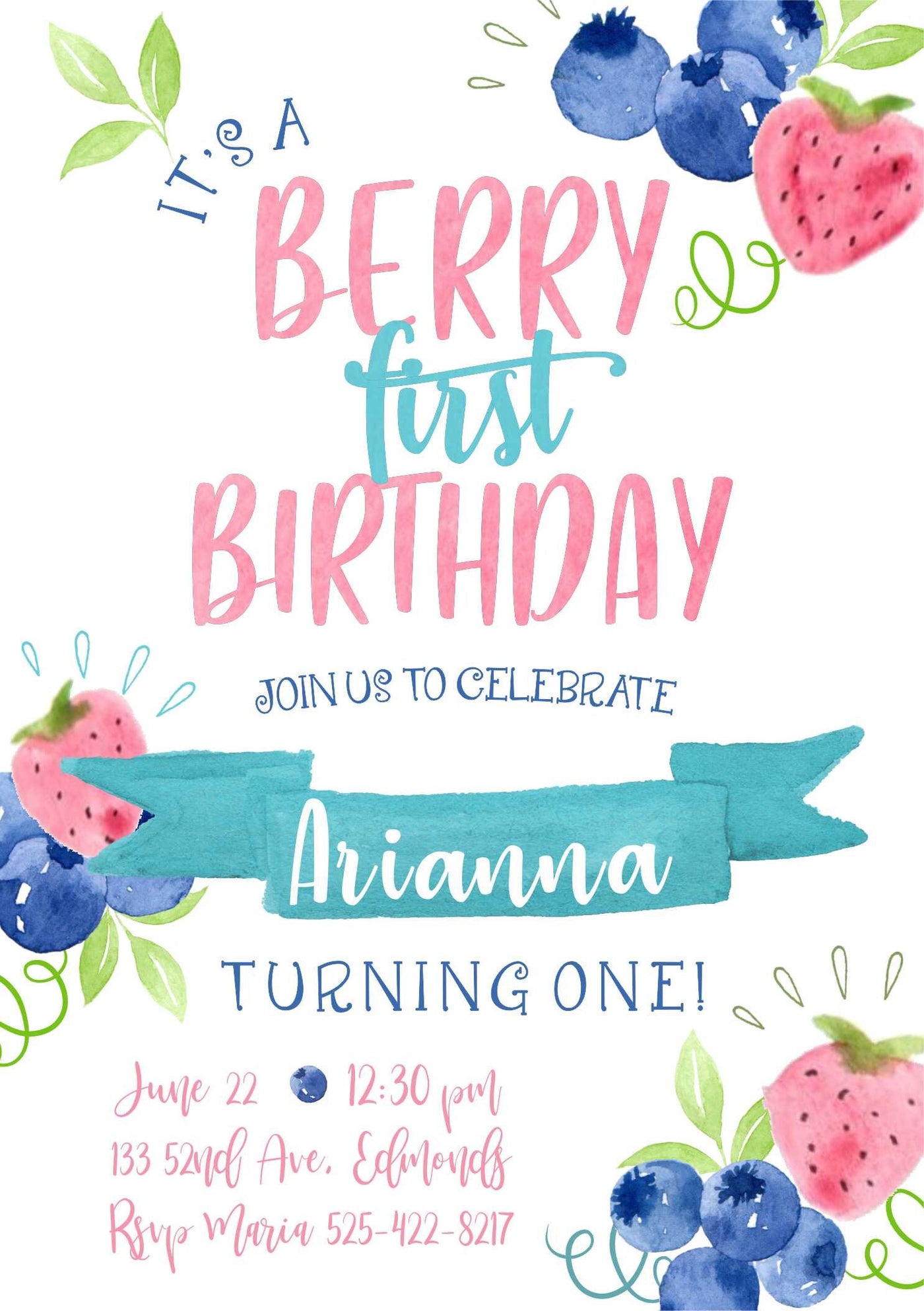 Berry Birthday Invite, Strawberry Birthday Invite, Picnic invitation, Berry Sweet Birthday, Berry First, Blueberry Invite, First Birthday