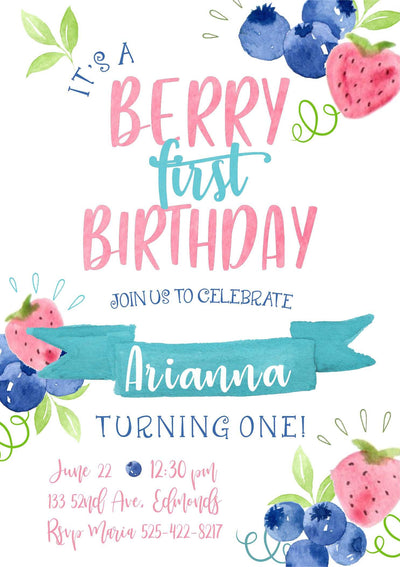 Berry Birthday Invite, Strawberry Birthday Invite, Picnic invitation, Berry Sweet Birthday, Berry First, Blueberry Invite, First Birthday