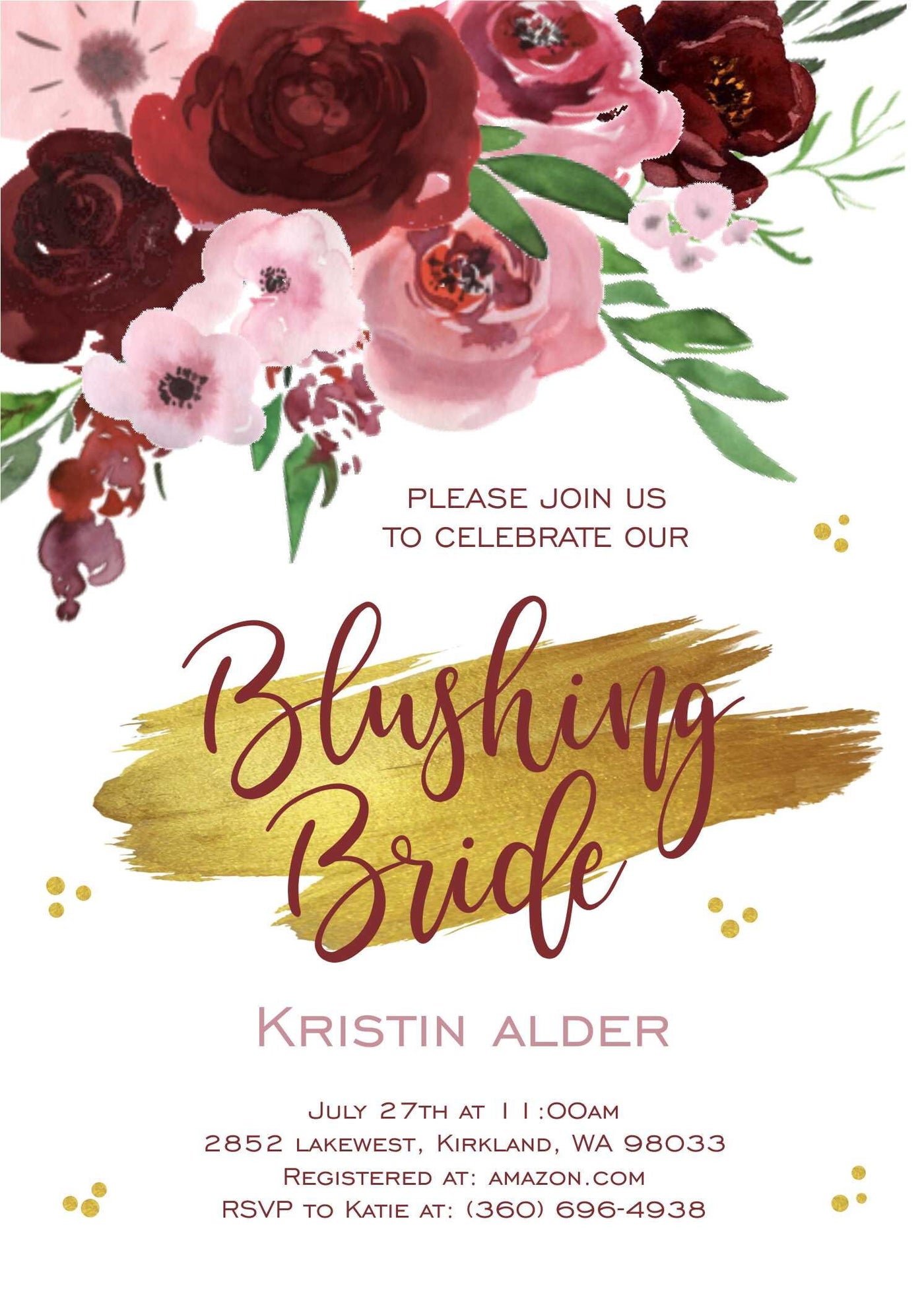 Floral Bridal Shower Invitation, Blush Bridal Shower Invite, Blush and Rose Gold Bridal Shower, Blushing Bride, Bridal Shower Brunch, Pink