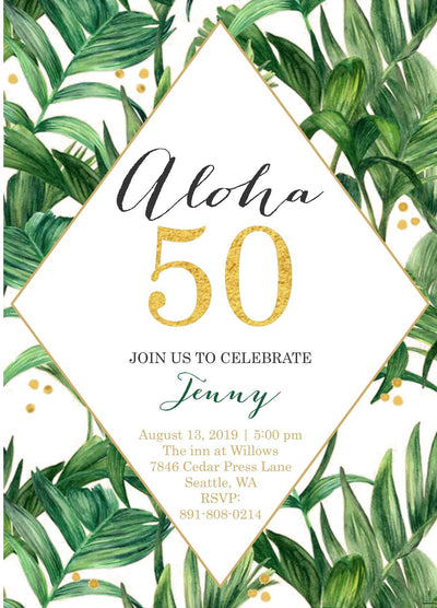 Aloha Party Invite, Tropical Leaves Invite,  Adult Birthday Invitation, Modern aloha party, Tropical Palm leaf invitation, monstera invite