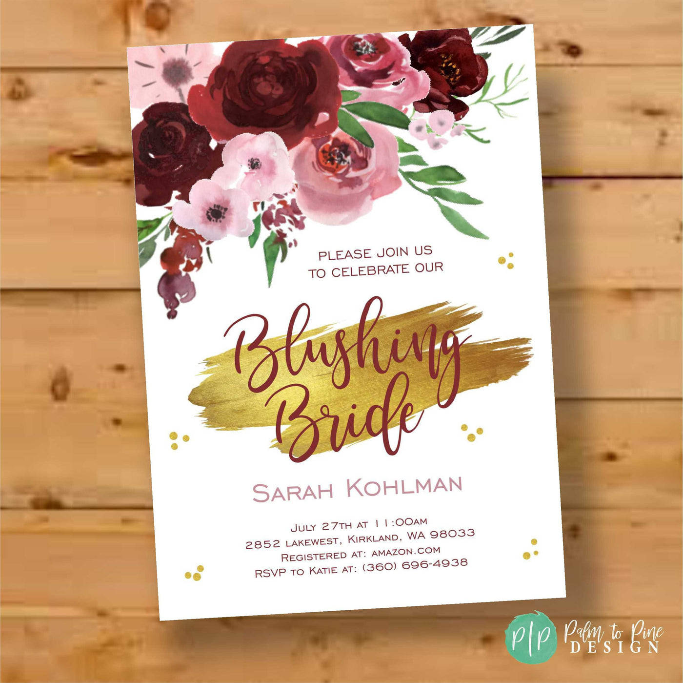 Floral Bridal Shower Invitation, Blush Bridal Shower Invite, Blush and Rose Gold Bridal Shower, Blushing Bride, Bridal Shower Brunch, Pink