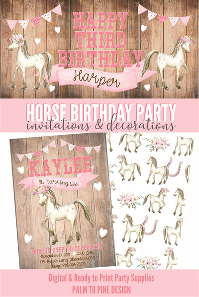 Cowgirl birthday invitation, Horse birthday invitation, Pony Birthday invitation, Horse Party, shabby chic horse birthday, Horse Invite Pink