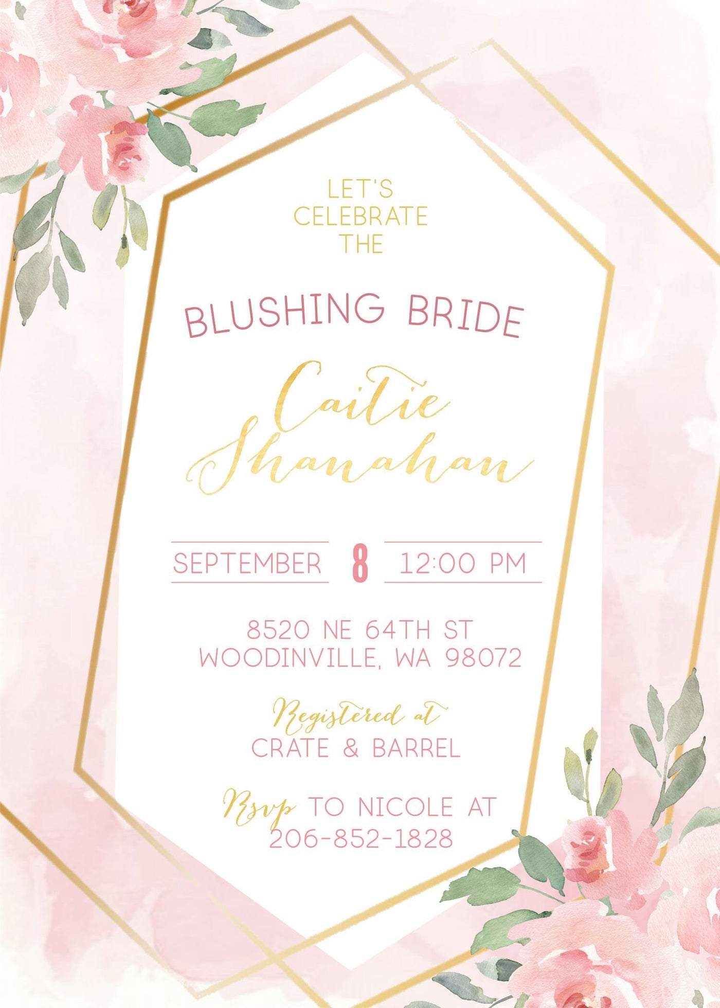 Blushing Bridal shower invitation, Floral Bridal Shower Invitation, Blush Bridal Shower Invite, Blush and Gold Bridal Shower, Watercolor