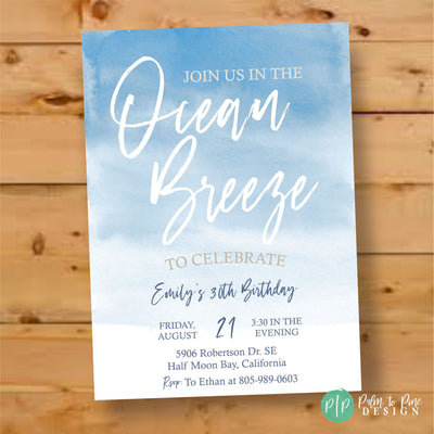 Beach birthday invitation, beach ocean invite, beach bridal shower invite, waves invite, coastal invitation, ocean invitation, watercolor