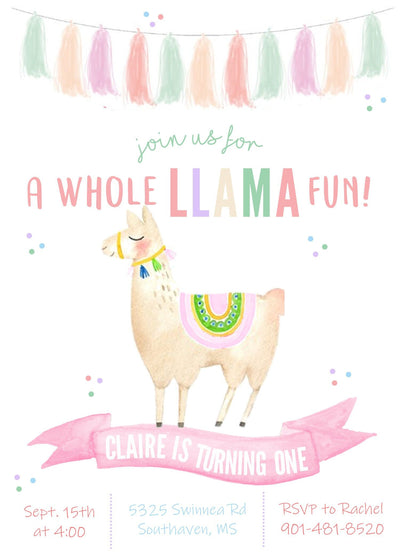 llama invitation, llama fun birthday invitation, llama fiesta birthday, Whole llama fun party, Watercolor, Llama Party, Llama First Birthday