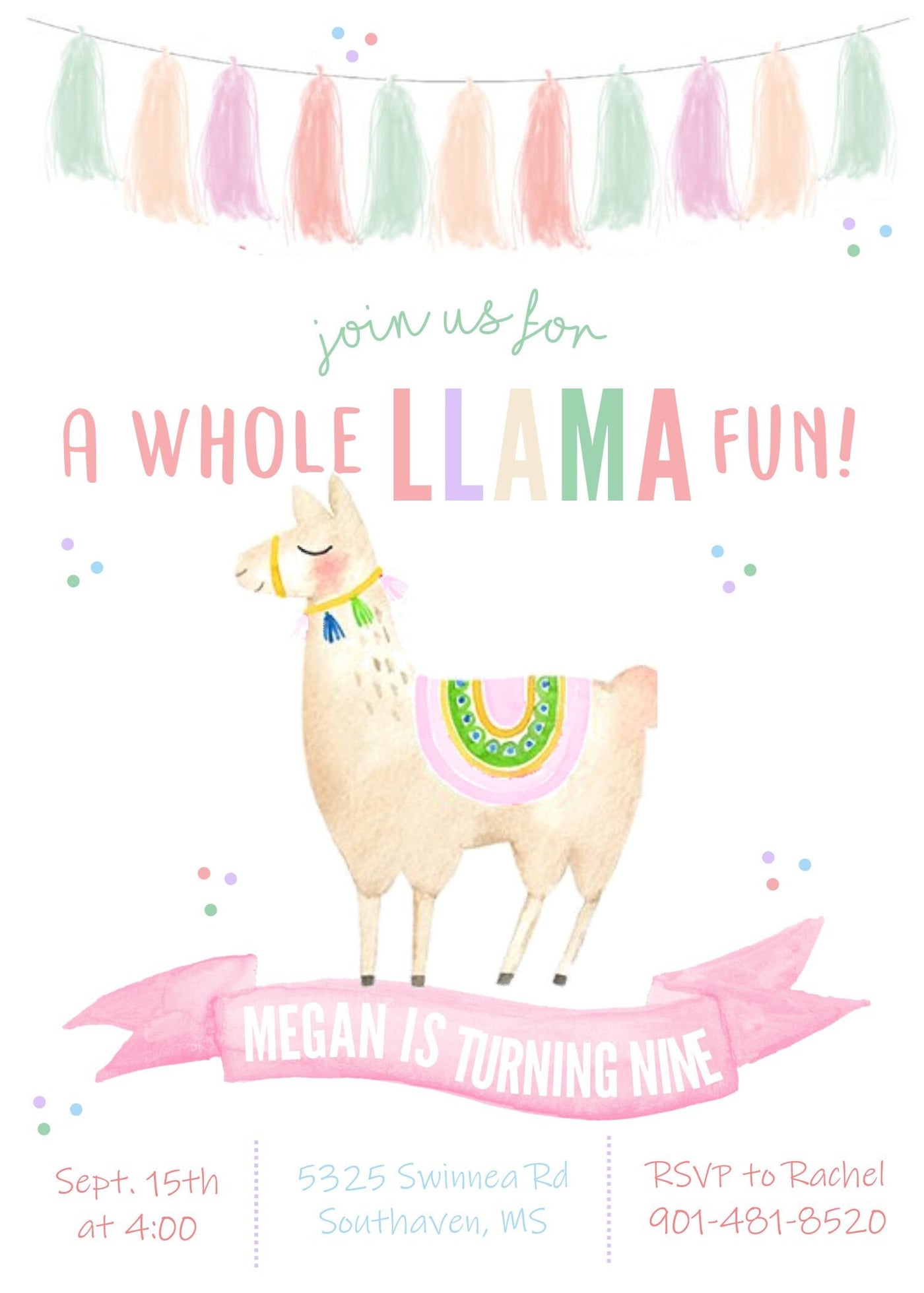 llama invitation, llama fun birthday invitation, llama fiesta birthday, Whole llama fun party, Watercolor, Llama Party, Llama First Birthday