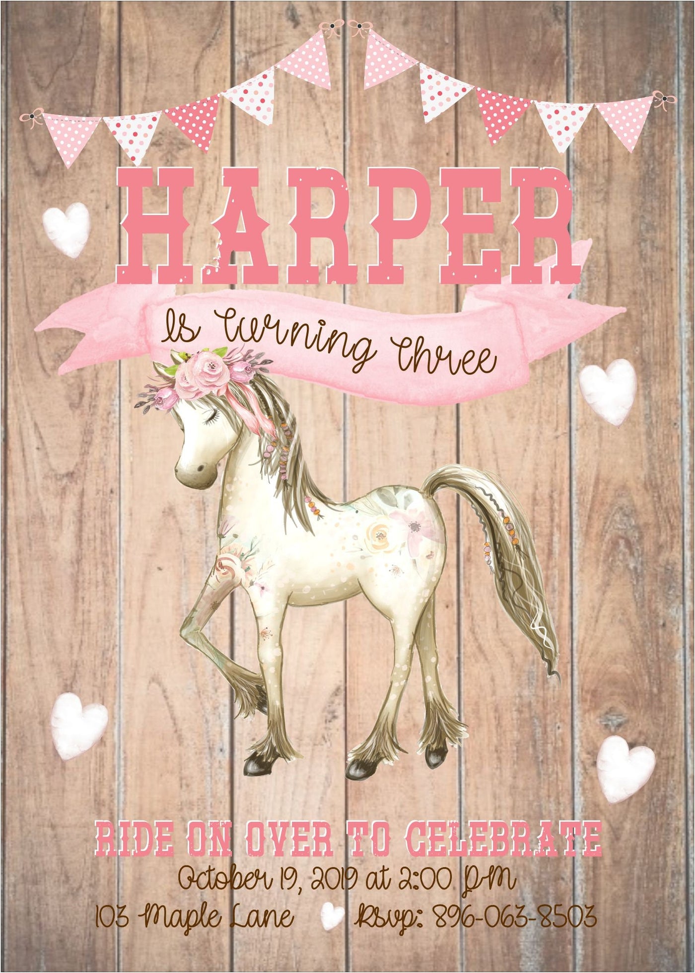 Cowgirl birthday invitation, Horse birthday invitation, Pony Birthday invitation, Horse Party, shabby chic horse birthday, Horse Invite Pink