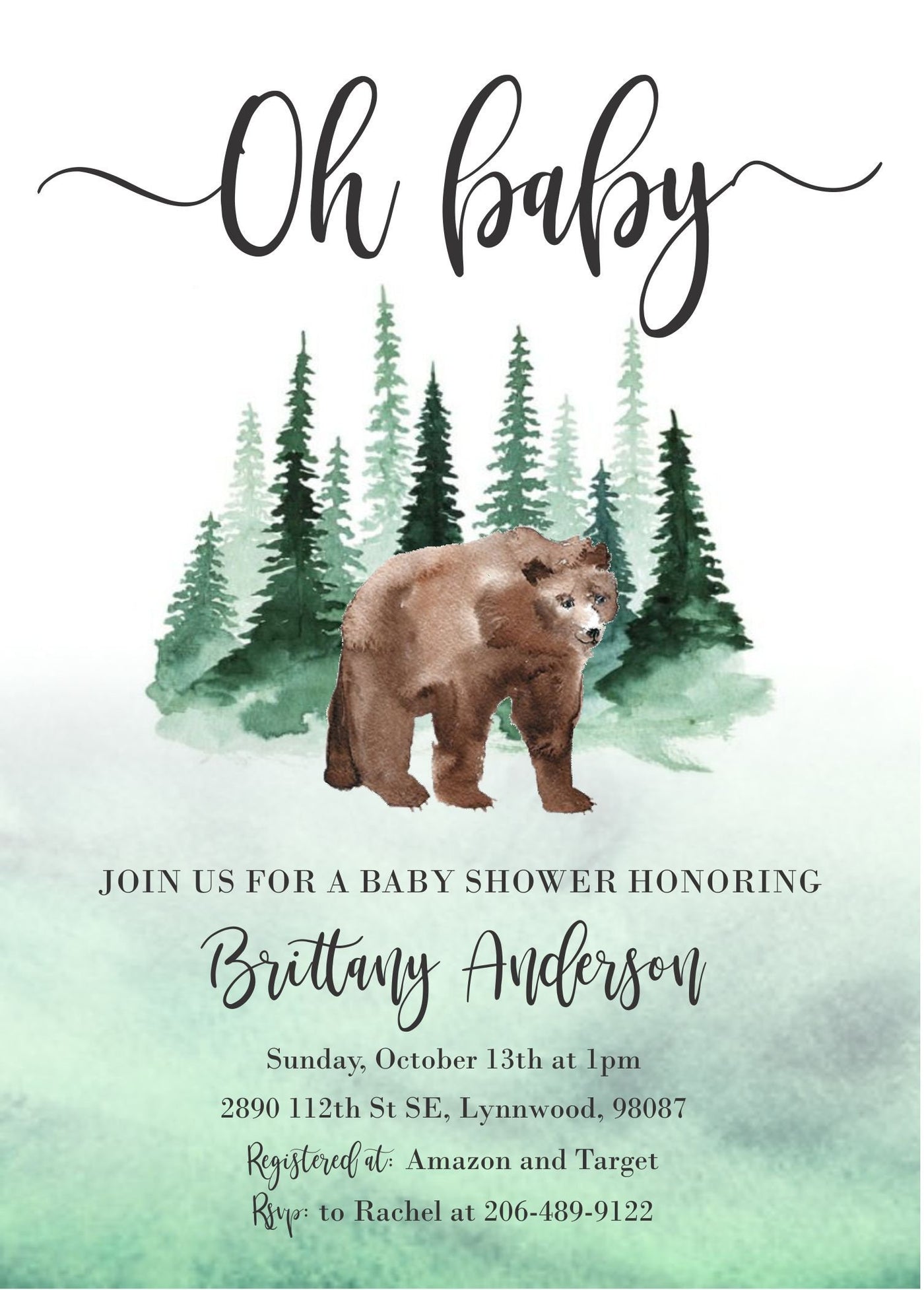 bear baby shower, bear baby shower invitation, bear baby shower invite, Woodland Invitation, Forest baby shower invitation, gender neutral
