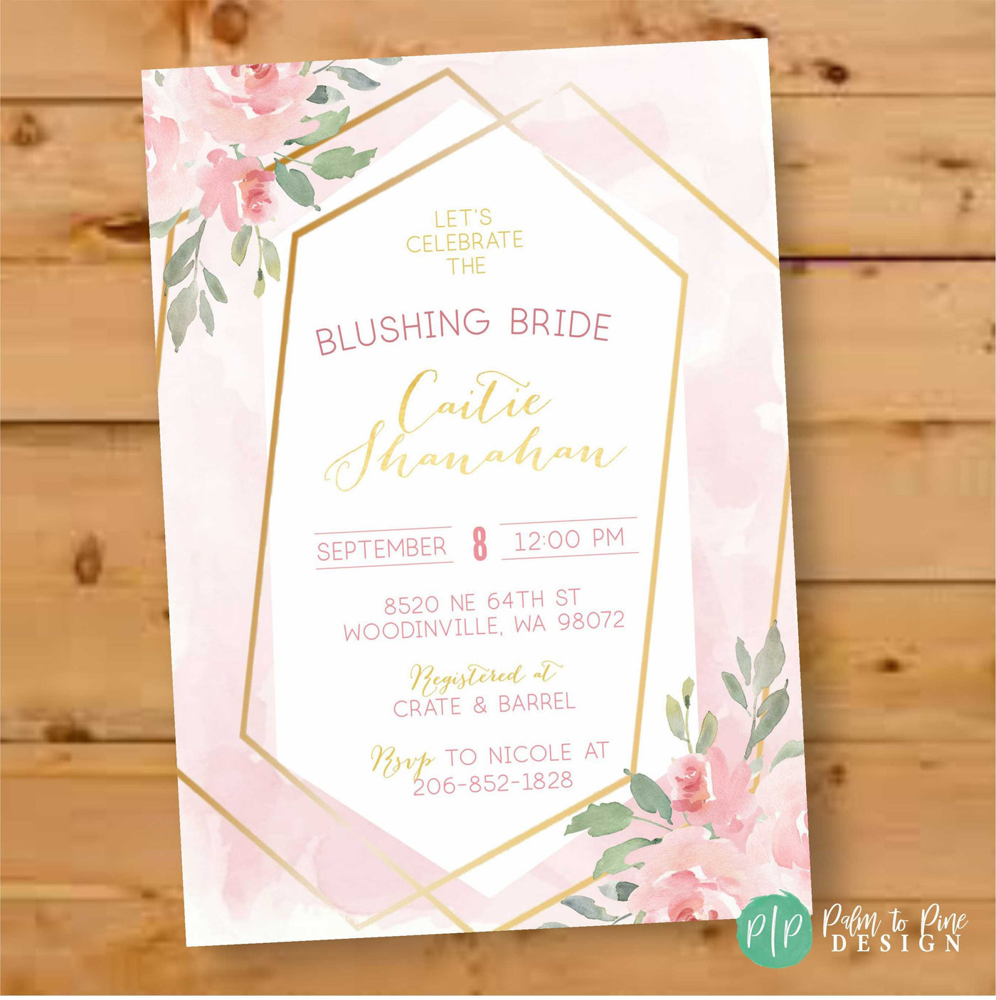 Blushing Bridal shower invitation, Floral Bridal Shower Invitation, Blush Bridal Shower Invite, Blush and Gold Bridal Shower, Watercolor