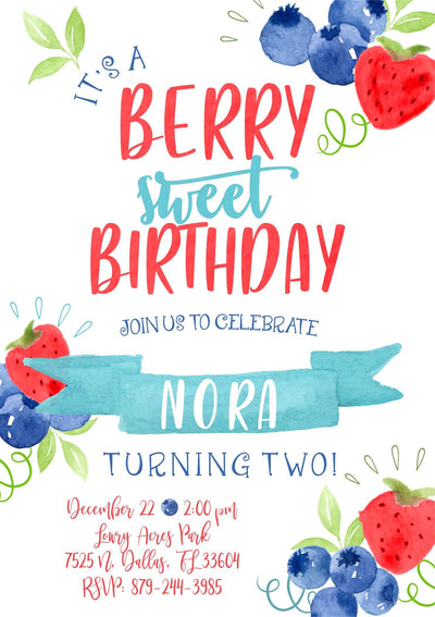 Berry Birthday Invite, Strawberry Birthday Invite, Picnic invitation, Berry Sweet Birthday, Berry First, Blueberry Invite, First Birthday