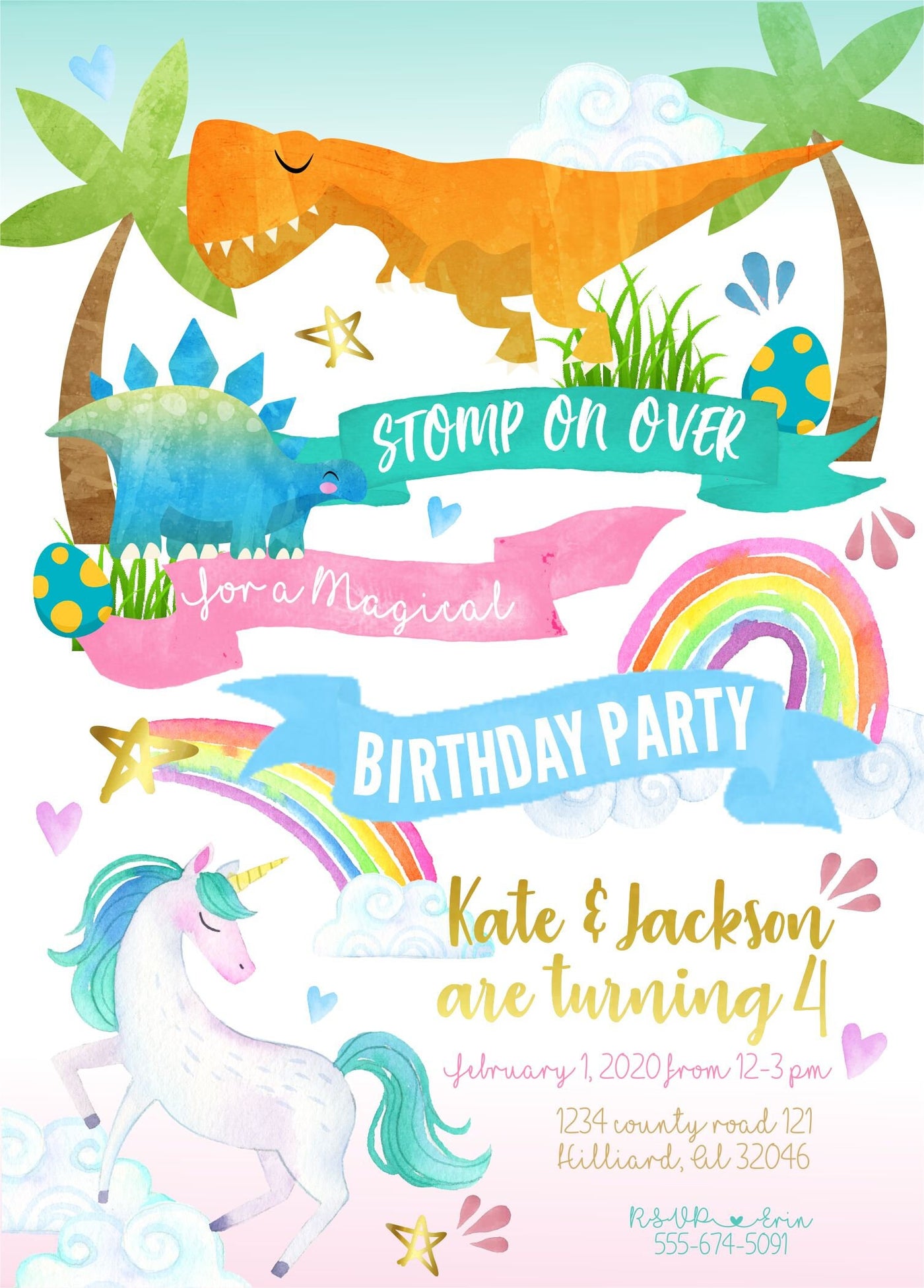 Unicorn dinosaur invitation, unicorn dinosaur birthday, siblings birthday party invitation, twins birthday invite, boy girl birthday invite