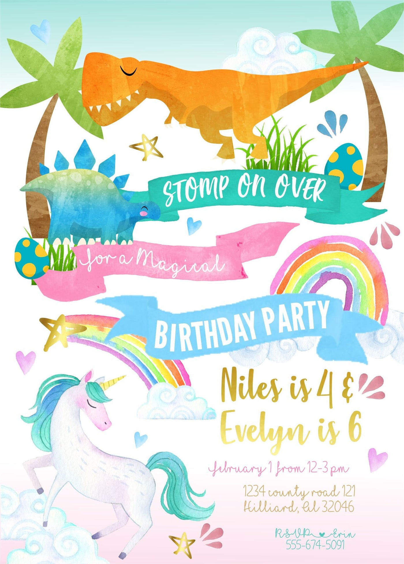 Unicorn dinosaur invitation, unicorn dinosaur birthday, siblings birthday party invitation, twins birthday invite, boy girl birthday invite