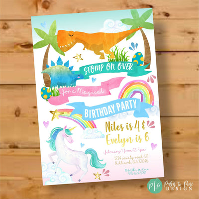 Unicorn dinosaur invitation, unicorn dinosaur birthday, siblings birthday party invitation, twins birthday invite, boy girl birthday invite