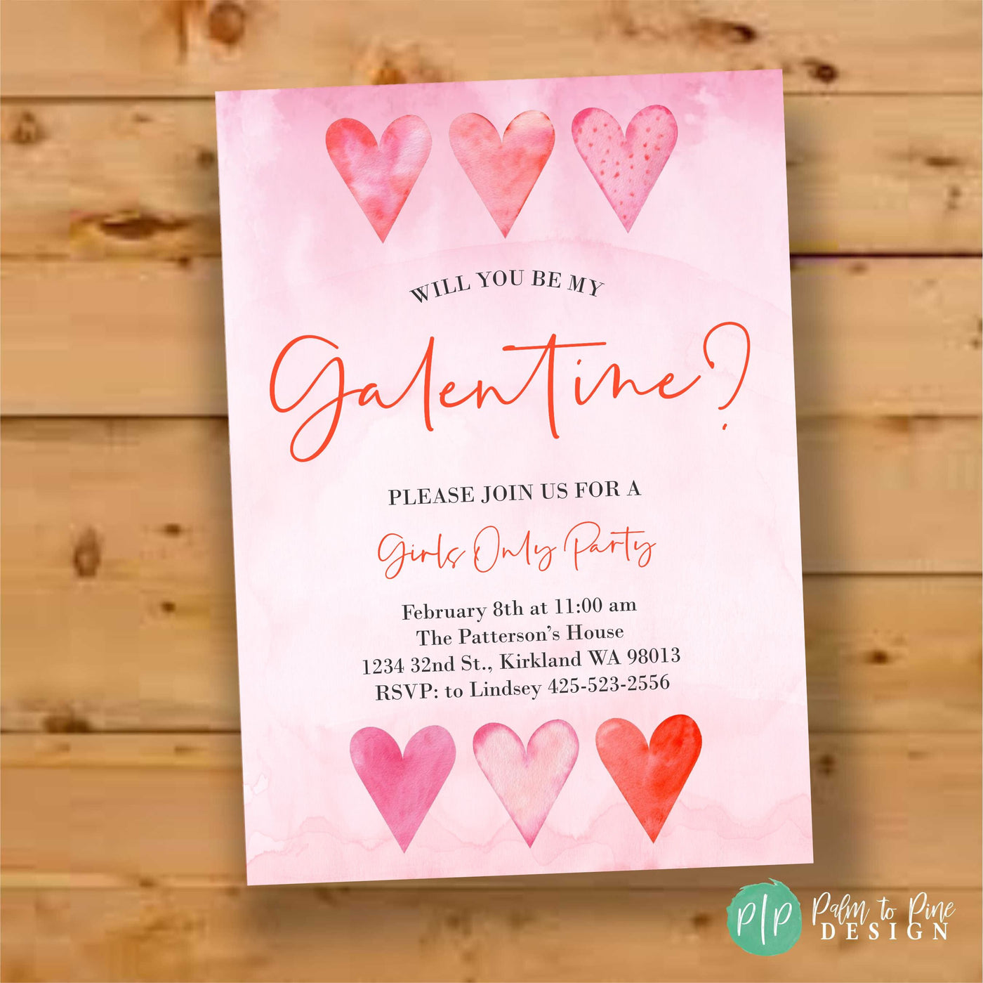 Galentine's Invite, Galentines Invitation, Valentine's Invite, Galentines Day, Watercolor Galentines day party, Pink Watercolor Hearts, pink