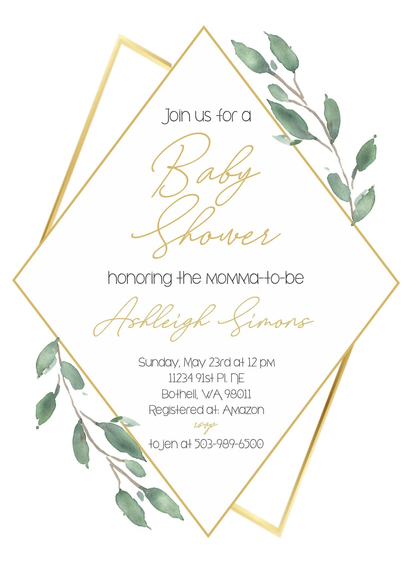 Greenery Invitation, Green and gold Baby Shower Invite, greenery and gold baby sprinkle invitation, floral theme, gender neutral baby shower